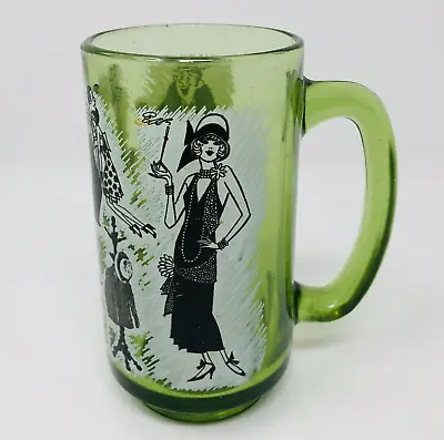 VTG ROARING TWENTIES Illustrated Art Beer Mug Green Glass Flapper Ukulele 1920's • $42.14