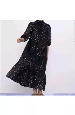 Zara Black & Pink Polkadot Midi Dress Size L 12 14 Modest Puff Sleeve Ruffle  • £32.99