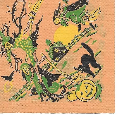 Vintage Crepe/Paper Halloween Napkin ~ Three Witches Black Cat JOL Moon • $6
