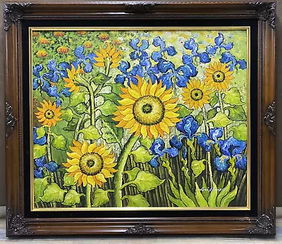 Van Gogh Sunflower And Irises Field Hand Painted Oil Painting 24X20 Framed Repro • $200