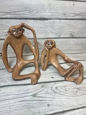 Pair Vintage MCM Whimsical Ceramic Reclining Thinking Relaxing Monkey Signed • $49