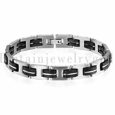 10MM Stainless Steel Black Silicone Link Biker Men Cuff Wristband Bracelet 8.3  • $9.39