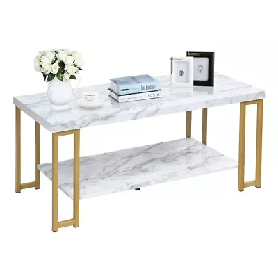 2-Tier Coffee Table Faux Marble Accent Rectangular Cocktail Table Tea Table • £48.95