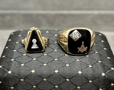 (2) Masonic DeMolay 10k Gold Diamond & Black Onyx Rings - Vintage Antique RARE • $899