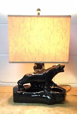 Vintage Mid Century Mcm Black Panther Ceramic Tv Table Lamp Planter Works • $80