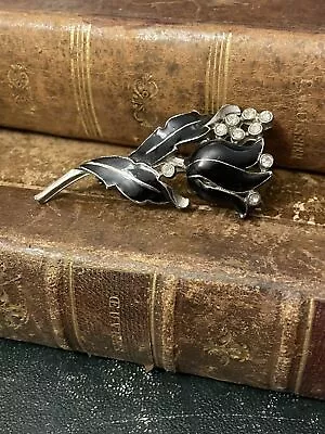 Vintage Brooch Black Old Jewelry Large Enamelled Estate Black Flower • $27.66