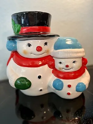 Vintage Musical Snowman & Child Cookie Jar Canister Frosty Winter Holiday Taiwan • $29.95