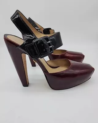 L.A.M.B. By Gwen Stefani HAMURA Burgundy And Black Leather Platform HEELS Sz 9 • $36