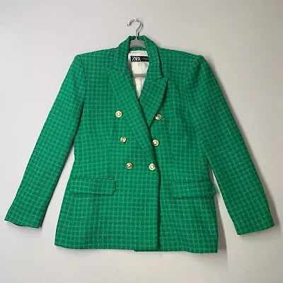Zara Women Blazer XL Green Tweed Double Breasted Jacket Gold Button Lined • $54.99
