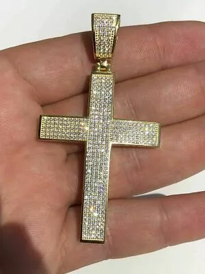 Mens REAL 14k Yellow Gold Plated Solid 925 Sterling Silver Large Cross CZ 2x1.5” • $97.72