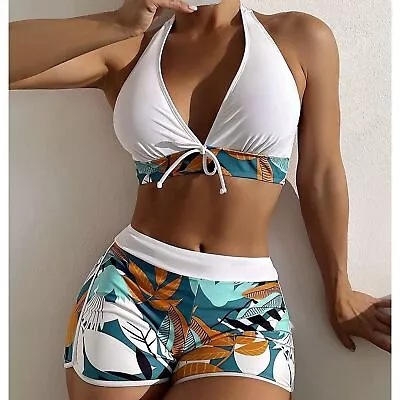 Womens Halter Neck Padded Bra Bikini Set Boy Shorts Swimsuit Beachwear Swimwear • £12.89