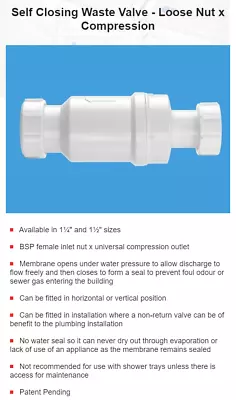 McAlpine  Self Closing Waste Valve BSP 32mm(1¼ )MACVALVE-1 / 40mm(1½ )MACVALVE-2 • £24.99