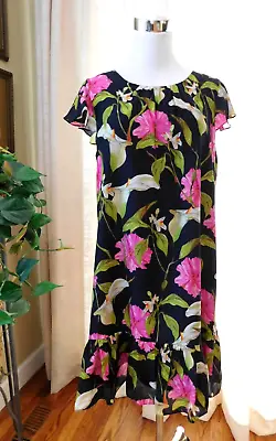 Milly Sz M Black Pink Green Lily Floral Print Cap Sleeve Shift Dress Ruffle Hem • $39.98