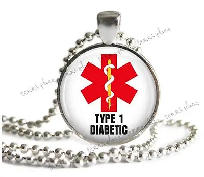 Type 1 Diabetic Medical Alert Necklace Glass Top Pendant Silver Setting & Chain • $10.95