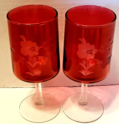 Pair Vintage Ruby Cut Glass Footed Tumblers Etched Floral Pattern Rare • $22.97