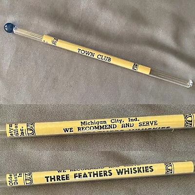 Vtg 1930s THREE FEATHERS WHISKEY Glass Swizzle Stick TOWN CLUB Michigan City IND • $10