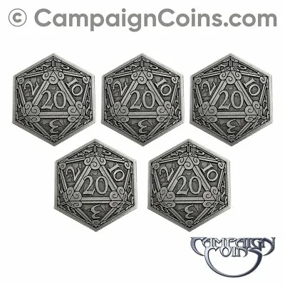 $11.37 • Buy D20 COINS SILVER (5-pack) 30mm Size Metal Dice 20 Die Token RPG Campaign Coins