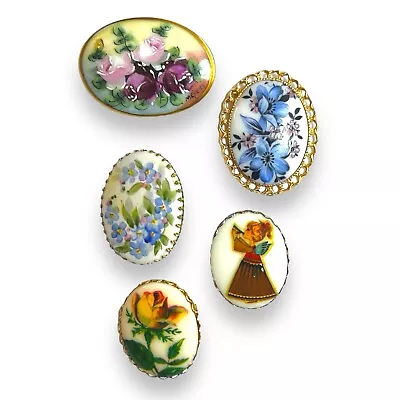 Lot Of 5 Antique & Vintage Pins Hand Painted Porcelain Brooch Signed Meyers • $35.50