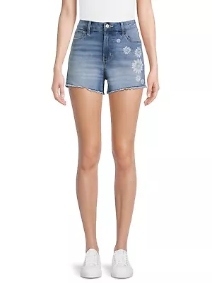 No Boundaries Mid Rise MIDI Fray Denim Shorts W/ Sunflowers Flowers Size 3.  New • $12.99