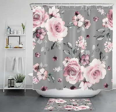 Watercolor Plant Pink Flower Retro Art Shower Curtain Bathroom Accessories Set • $9.99