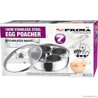 7pc Egg Poacher Pan 4 Hole Cup Stainless Steel Cooking Glass Lid Non Stick • £11.95