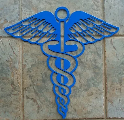 Caduceus Medical Staff Symbol Plasma Cut Metal Wall Art 18  X 17  Blue Finish • $38