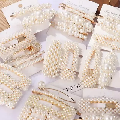 Pearl Hair Clips Slide Bridal Hair Accessory Geometric Snap Hairpins Barrette UK • £1.95