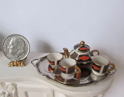 Artisan Donna Keith Brown Tea Pot Set + Sterling Silver Tray Dollhouse Miniature • $139