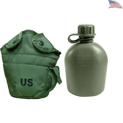 1 Quart Olive Drab Military Canteen With Nylon Cover - Snap Flaps & Side Pocket • $33.99