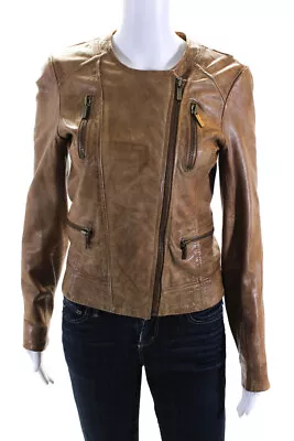 Michael Michael Kors Womens Front Zip Crew Neck Leather Jacket Brown Size Small • $48.79