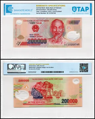 Vietnam 200000 Dong 2021 P-123l UNC Polymer Authenticated Banknote • $39.99