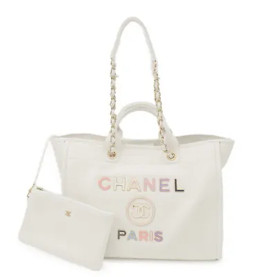 Authentic CHANEL Deauville Leather 2WAY Chain Tote Bag GM White A66941 Used F/S • $10160