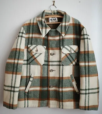 Vintage 70's Woolrich Green Plaid Wool Button Lined Mackinaw Cruiser Jacket XL • $179.98