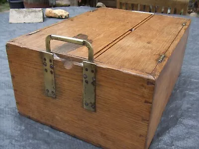 VINTAGE SOLID LIGHT OAK STORAGE BOX+ Compartments Brass Handles Superbly Made • £55