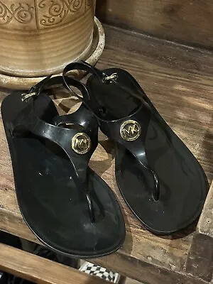 Michael Kors Lillie Jelly MK Logo Plate Thong Sandals BLACK SIZE 10 • $29.90