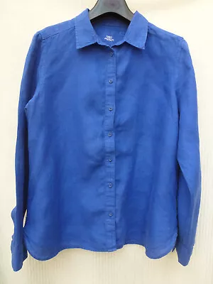 Marks & Spencer Collection Blue Linen Collared Long Sleeve Blouse Shirt 12-16 • £9.99