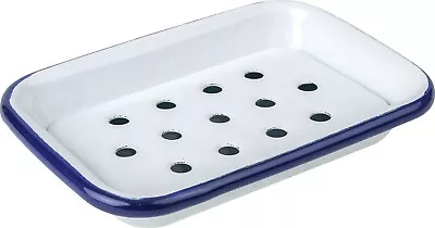 Enamel Soap Dish & Tray Bathroom Kitchen Falcon Traditional White Blue Rim New • £11.97