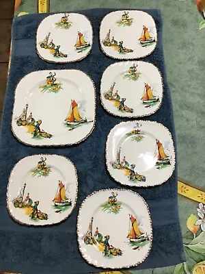 GRINDLEY Cake Plate + 6 Small Plates Set Dutch Fishing Scene Windmill Sailboat • $49