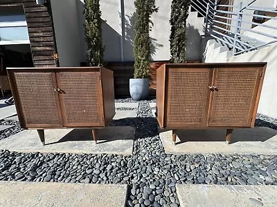 Mid-Century Modern Cabinets With  Woven Cane Doors And Stands • $1200