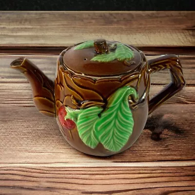 Vintage Majolica Style Brown Teapot Japan Strawberry Leaf Design 3D Decorative • $19.99