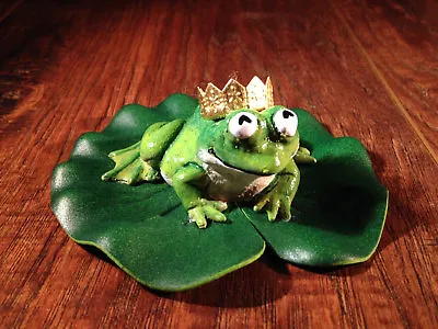 Frog Prince Fairy Garden Miniature Sculpture With A Golden Crown On A Lily Pad • $15.25