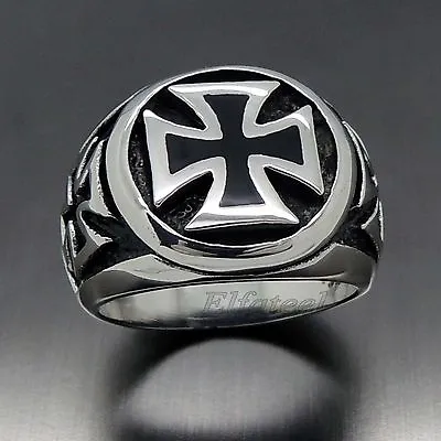 Mens Silver Black IRON Cross 316L Stainless Steel Biker Ring • $9.99