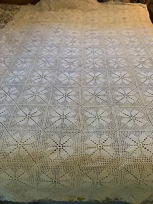 Great Hand-Crochet Cotton Bed Spread Or Tablecloth -Ecru- 72” X 90” Queen / Full • $45