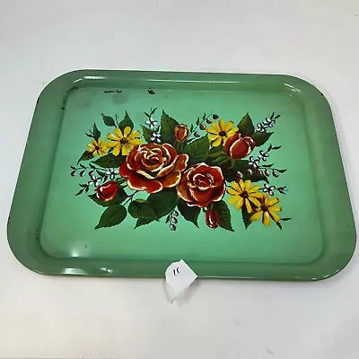 Green Floral Retro MCM Metal Lap Bed TV Tray Roses Vintage • $9.99