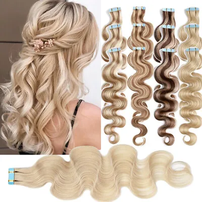 Curly Invisible Tape In Remy Human Hair Extensions Skin Weft Body Wave Blonde US • $168.24