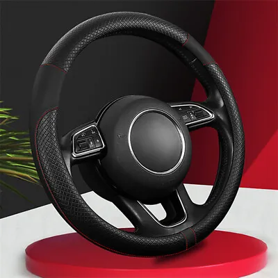 Universal 38cm Car Steering Wheel Cover Black/Red Stitching PU Leather Car Cover • $19.85