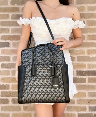 £162.59 • Buy Michael Kors Kali Medium Black Silver Signature PVC  Satchel Purse + Ipad Case