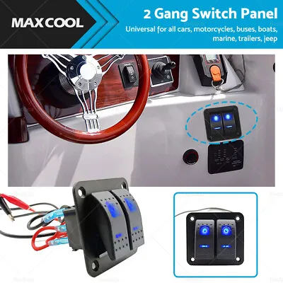 2 Gang Blue LED Light Rocker Switch Panel Dual LED Boat Car Waterproof • $22