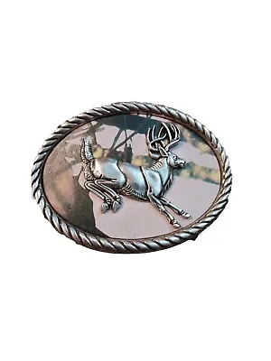 Nocona Belt Buckle Camo Deer Rope Edge Silver Tone Oval Leaping White Tail • $11.99