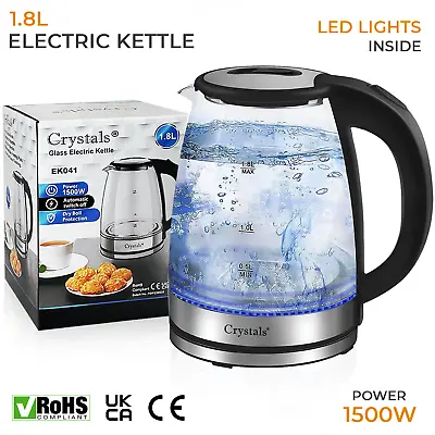 1.8L Electric Kettle Glass 360 Blue LED Illuminated Portable Jug 1500W • £13.45